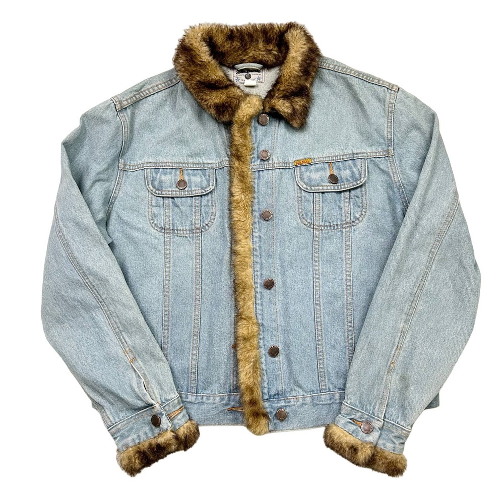 Y2k Lightwash denim jacket with fur trim size 14